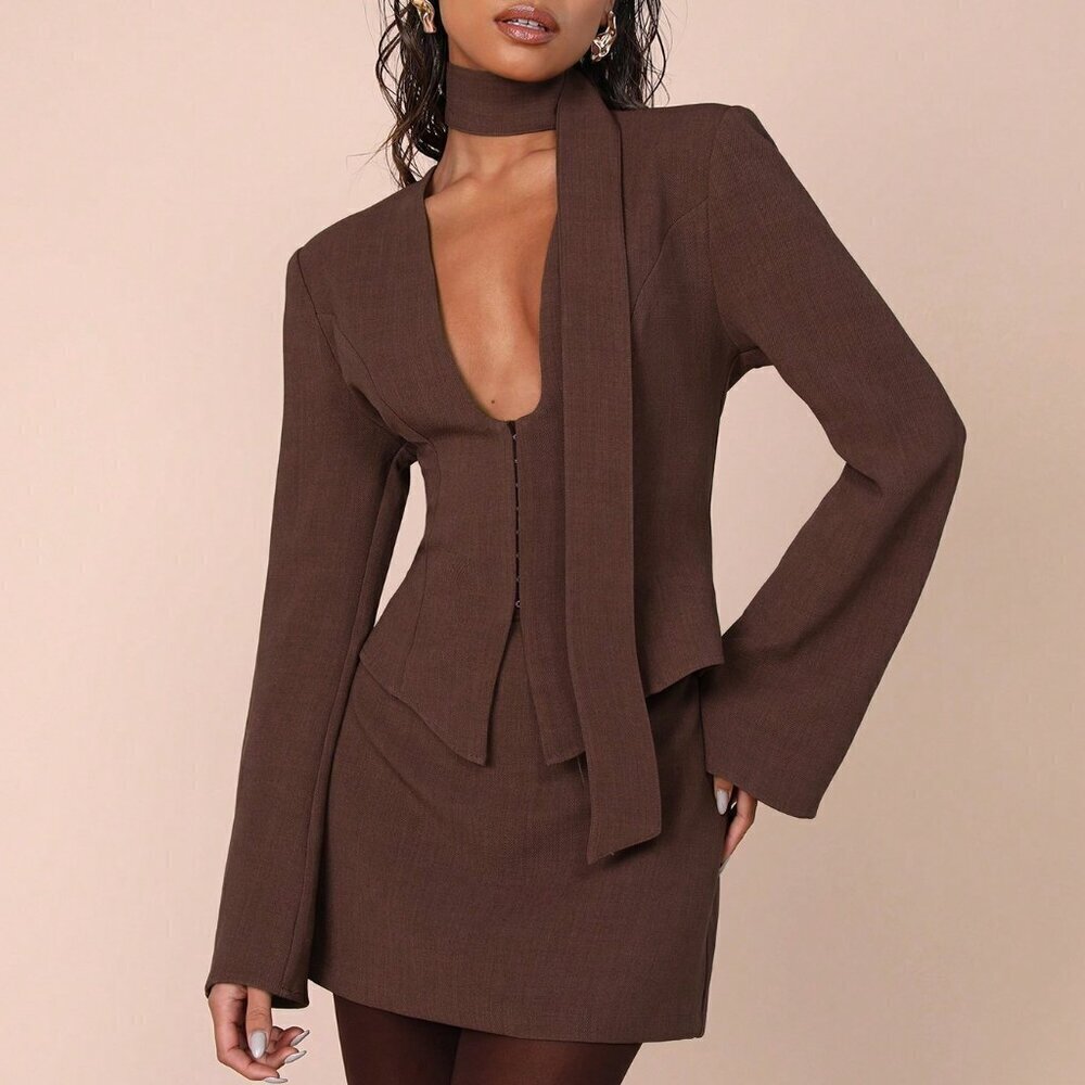 brown Casual Women's Long Sleeve Top And Skirt coord Set